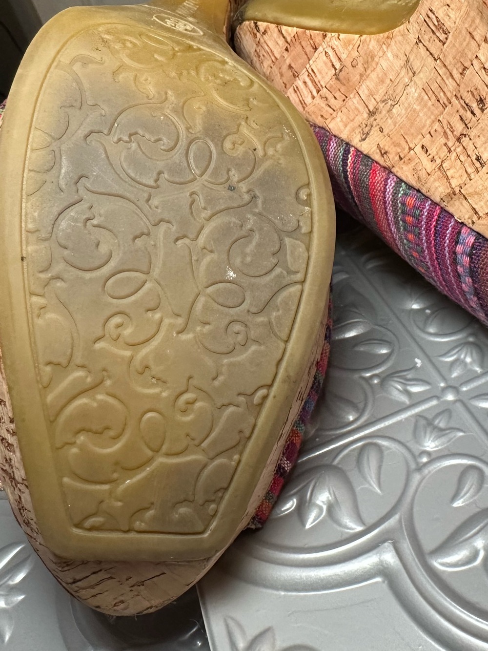 Bamboo Multicolor Striped Cork Platform Peep Toe Heels Size 8.5 Boho Pumps - Picture 7 of 13